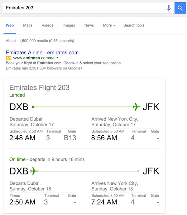 Check Flight Status in Google Search
