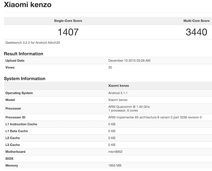 Xiaomi Redmi 3 geekbench 3 benchmark as Kenzo