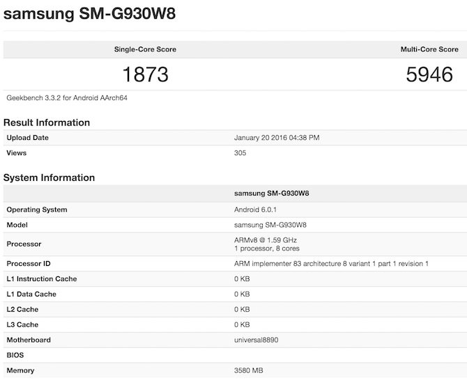 Samsung SM-G930W8 Geekbench 3 benchmark