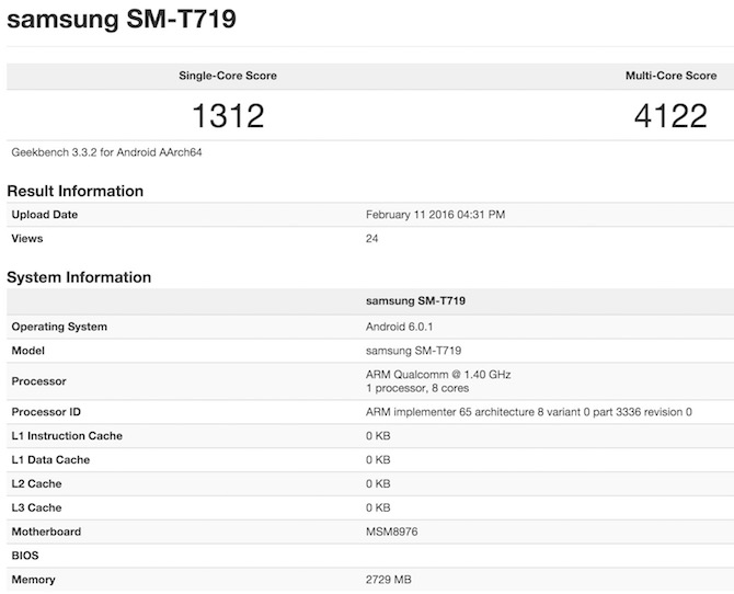 Samsung Tab SM-T719 Geekbench 3 Score