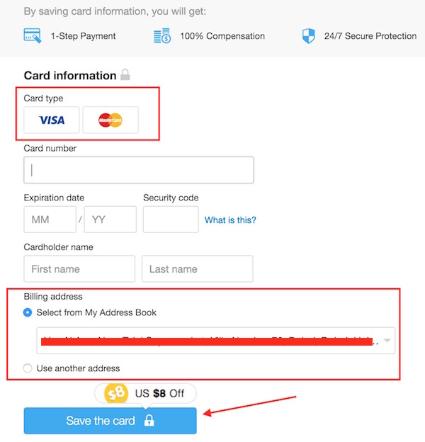Filling Aliexpress credit card detail online