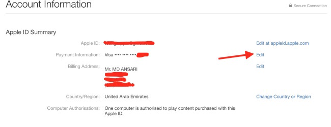 editing payment detail Apple