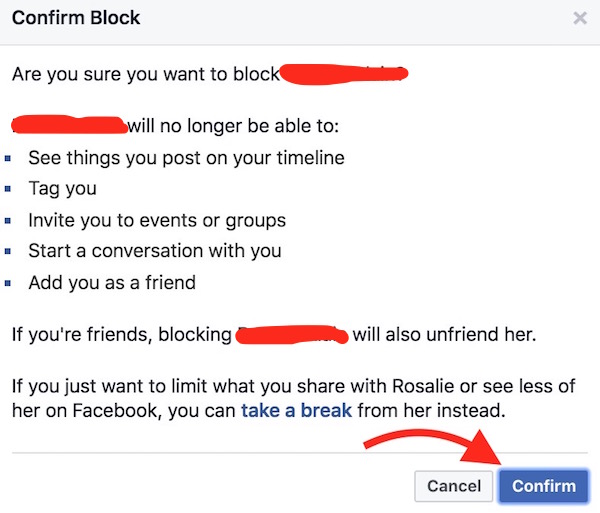 Confirm FaceBook user blocking now