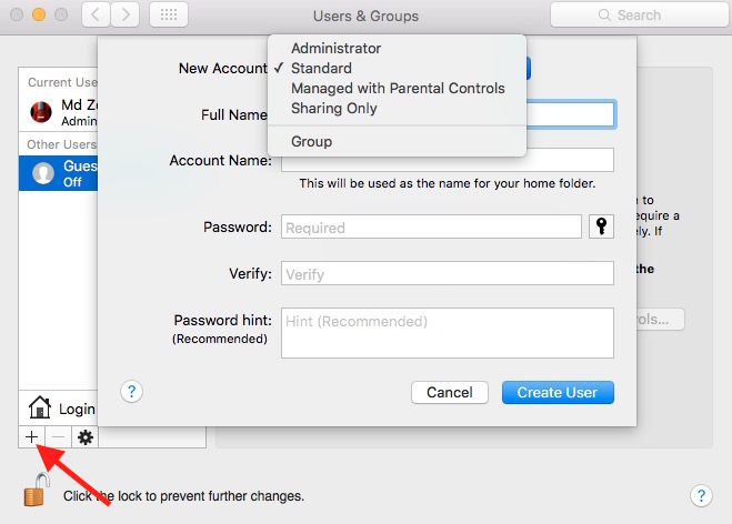 Select User Type on Mac