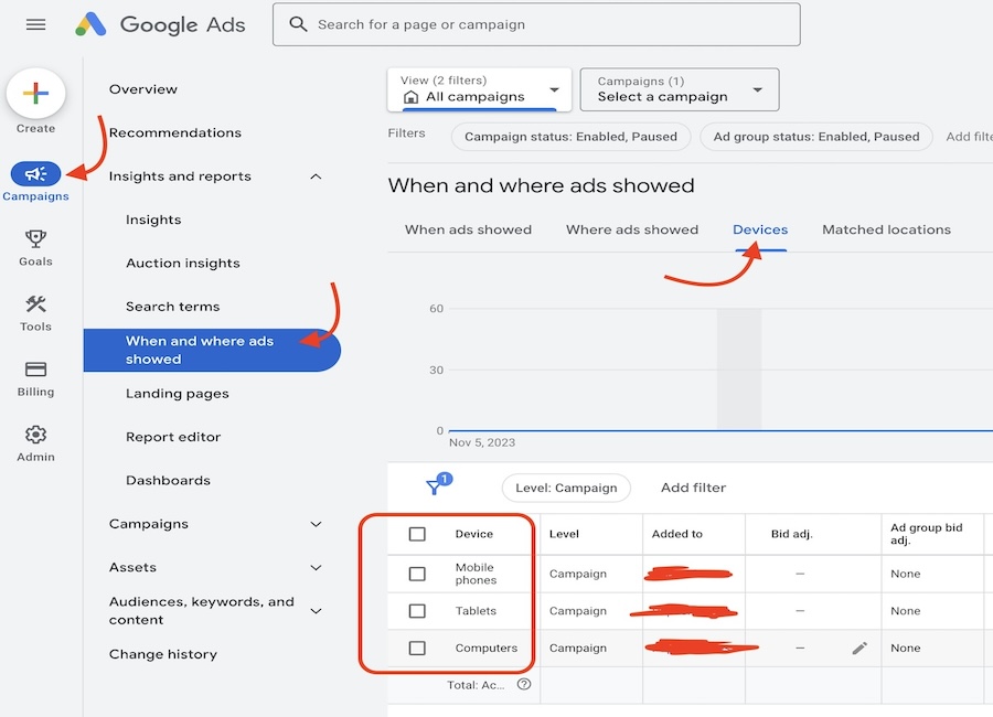 google ads device settings